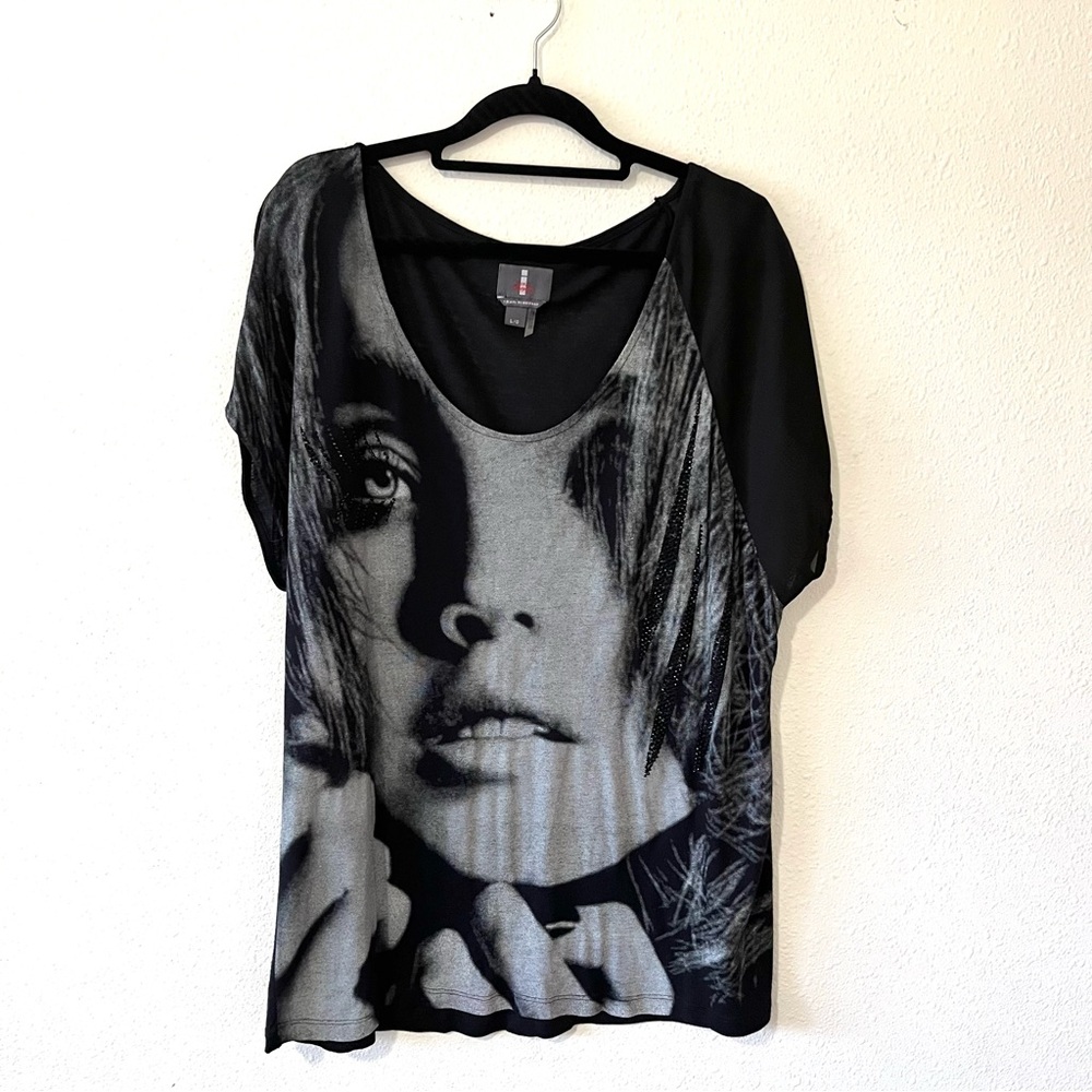 Y2K vintage i jeans by Buffalo Black Gray Graphic Tee rhinestone face slouchy L